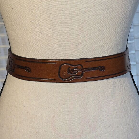 Vintage Tooled Leather & Brass Guitar Belt and Belt Buckle Made In U.S.A. - Picture 12 of 12